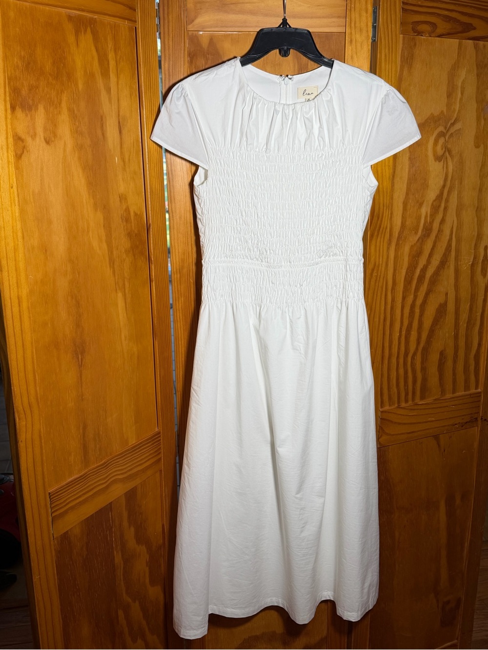 Lena White Smocked Midi Dress in Crisp White Poplin|Sz M|Minimalist